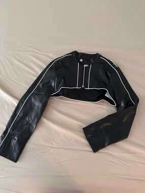Black Cropped Faux Leather Jacket with White Piping